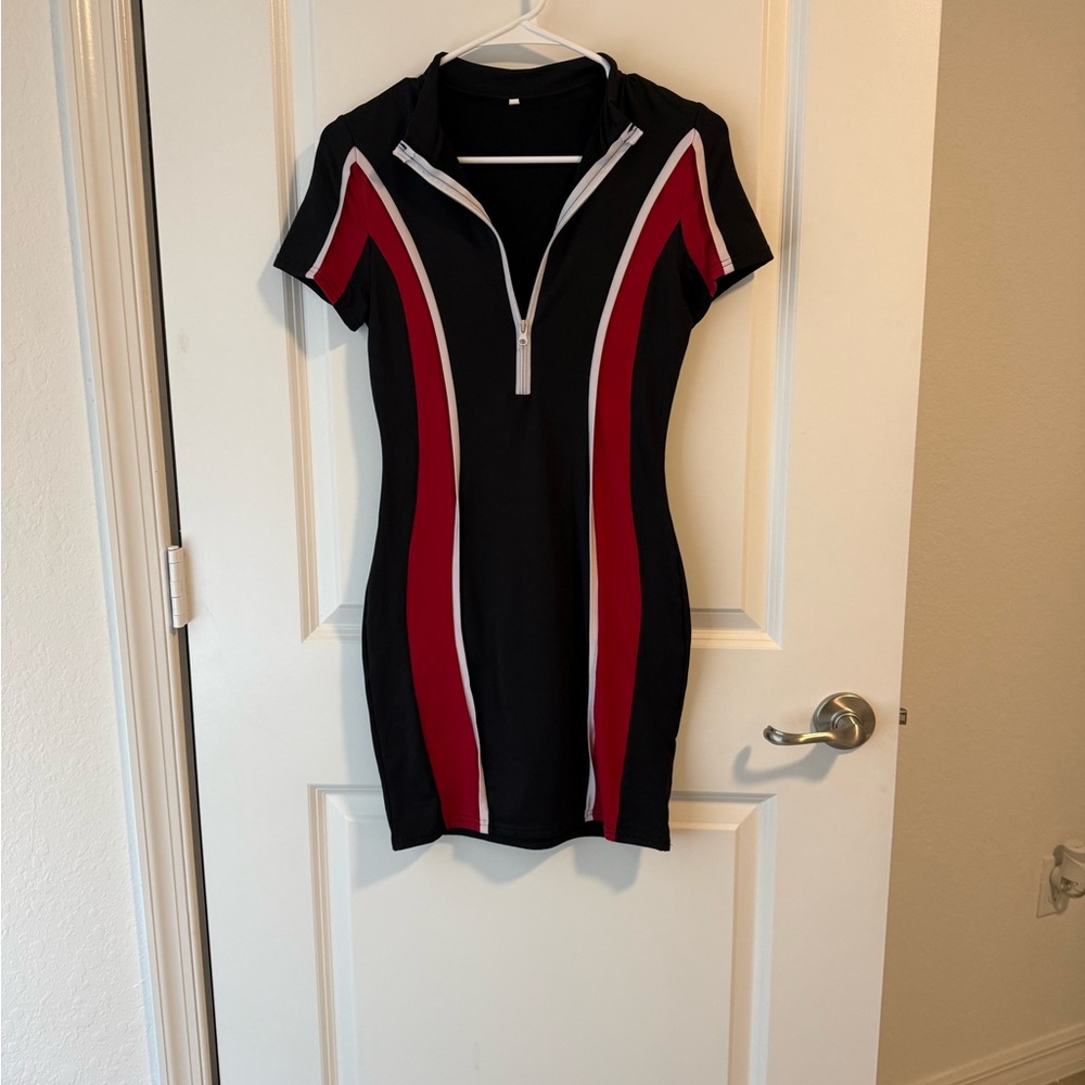Chic Black Dress with Red and White Stripes
